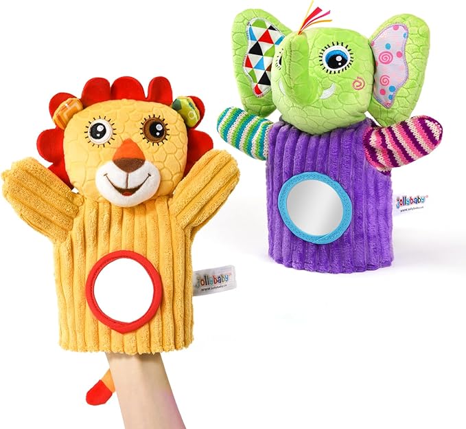 Jollybaby Hand Puppets Baby Toy 0-6-12 Months, Plush Stuffed Animal Hand Puppets Toys for Kids,Sensory Doll with Rattle and Mirror for Toddler,Social Emotional Play Therapy Toys for Boy Girl Gift