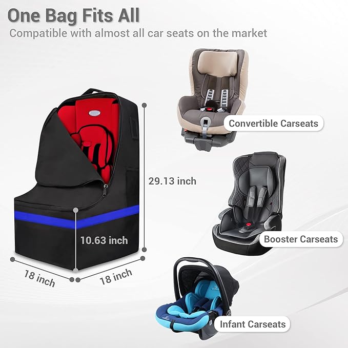 Car Seat Travel Bag - Padded, Comfortable, Durable, Roomy Gate Check Carseat Cover Backpack Fits 3-in-1,Convertible, Booster & Infant Car Seats for Airplane, Airport, Blue