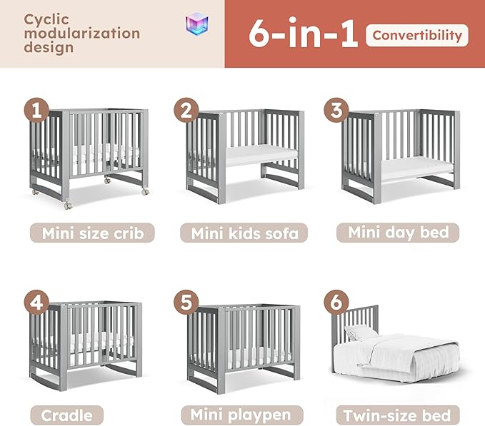 EvoNest Baby Crib, 6 in 1 Convertible Mini Crib with Wheels, 100% New Zealand Pinewood Growing Bed, 4 Adjustable Mattress Height,Washed Natural (Grey)