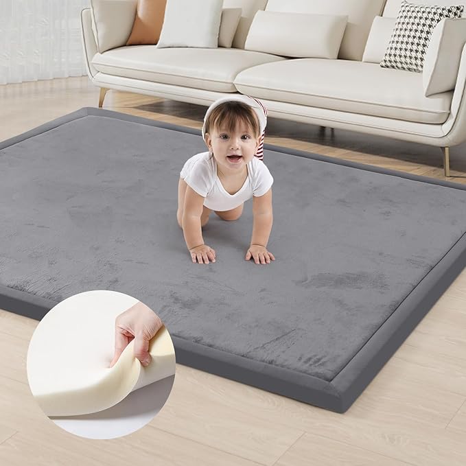 ACOMOPACK Baby Play Mat for Floor 1.3" Thick Memory Foam Play Mat 71"×79" Tummy Time Crawling with Non-Slip Bottom for Living Room,Nursery,Soft Velvet Playpen Mats for Kids,Infants(Dark Grey)