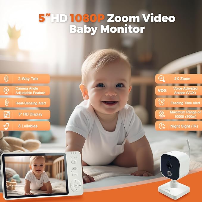 Wireless Baby Car Camera Monitor 5" HD 1080P IPS, 360° Rotating Camera with Auto/Manual Night Vision, 1000ft Range, Anti-Glare Display & USB Charging for Backseat, Home, Travel,Camping