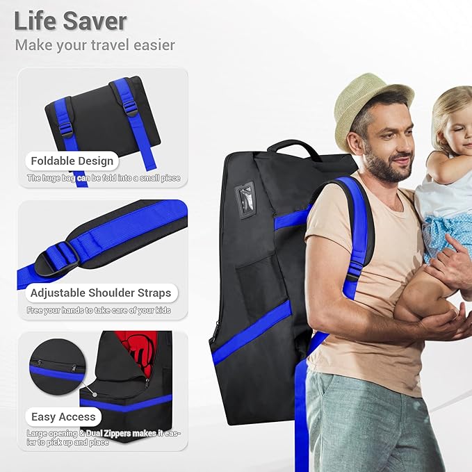 Car Seat Travel Bag - Padded, Comfortable, Durable, Roomy Gate Check Carseat Cover Backpack Fits 3-in-1,Convertible, Booster & Infant Car Seats for Airplane, Airport, Blue