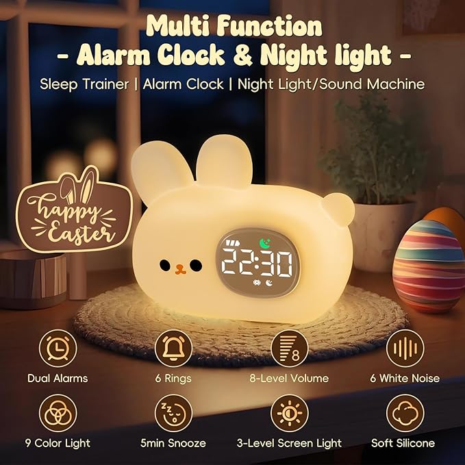Bunny Alarm Clock with Night Light for Kids with Sleep Training and Sound Machine, Rechargeable Silicone Lamp OK to Wake Clock,Cute Animal Tabletop Lamp, Perfect Sleep Companion for Boys Girls