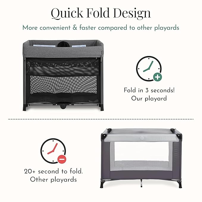 Evolur Zane Portable Playard with Instant Fold, Removable Mattress Cover & Full-Size Zipper Bassinet – Lightweight Travel Crib for Infant (0–18 Months) Grey
