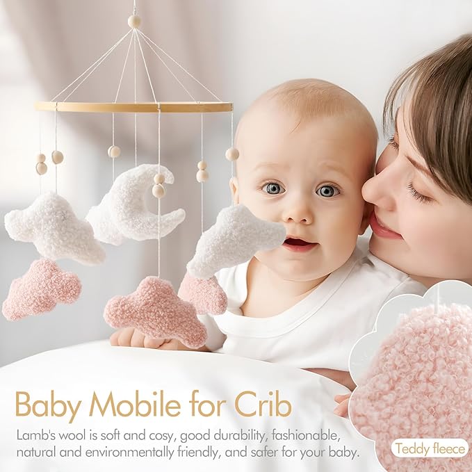 EERKEOD Baby Crib Mobile Bunny Nursery Mobile for Boys Girls Teddy Velvet Mobile Nursery Decor for Infant Bedroom Hanging Baby Mobile for Bassinet Newborn Baby Gift(Pink Clouds)