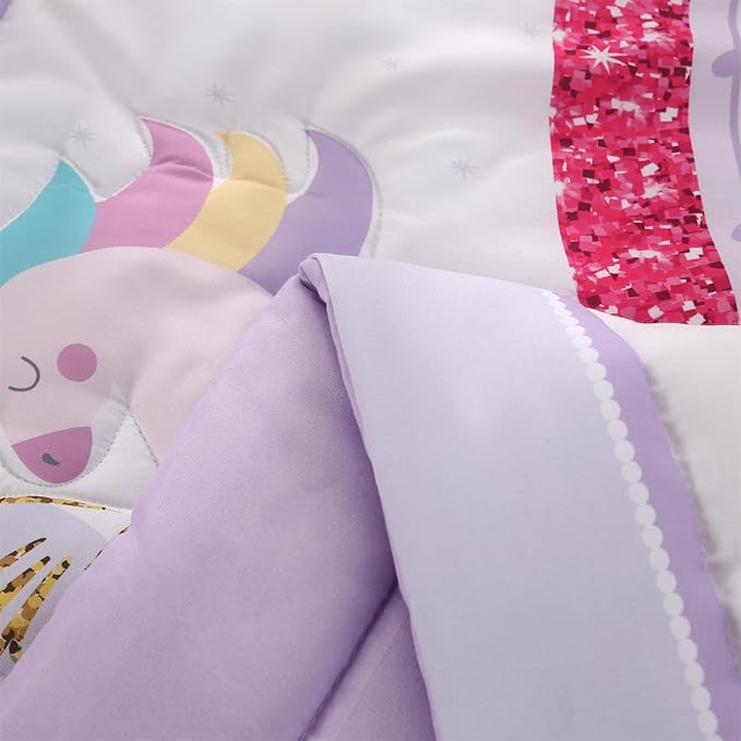 Wowelife Mini Girl Crib Bedding Set, 3 Piece Unicorn Mini Crib Comforter Set, Baby Girl Nursery Bedding Set Include Breathable Comforter, Crib Skirt and 38x24 Sheet, Purple