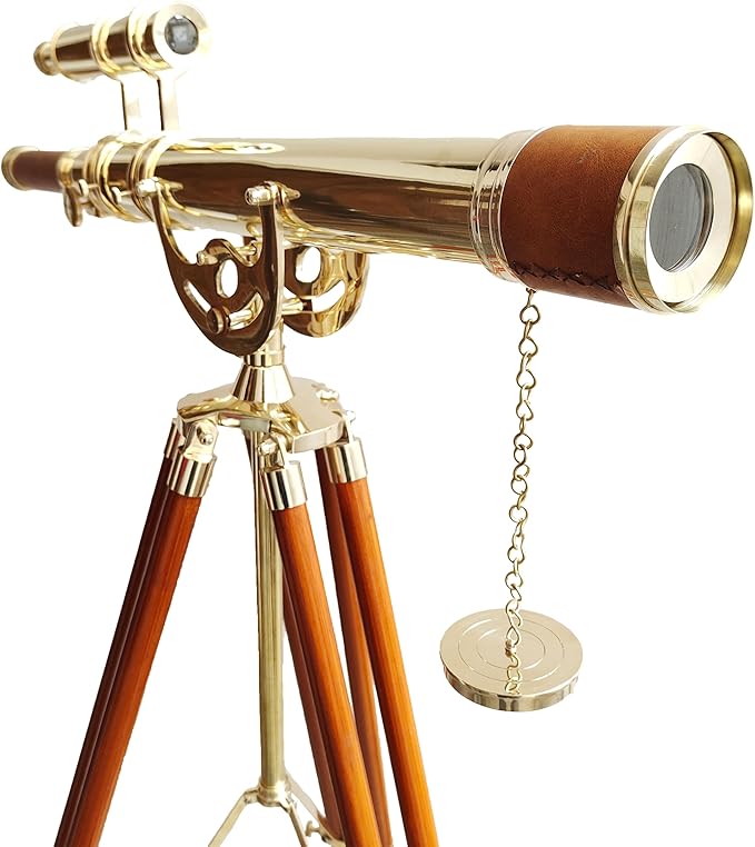 Vintage Maritime Anchor Master Telescope Shiny Brass Adjustable Wooden Tripod Royal Educational Telescopes Double Barrel Brown Leather Nautical Home Decor & Office