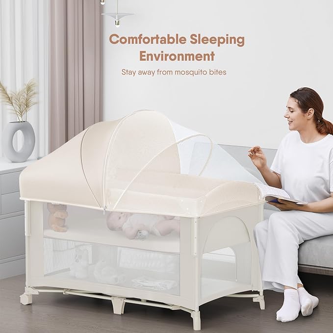 4 in 1 Baby Bassinet, Pack and Play, Bedside Crib Sleeper, Diaper Changer - Comes with Mattress, Mosquito Net,Bottom Storage and Toy Bar for Newborn to Toddles