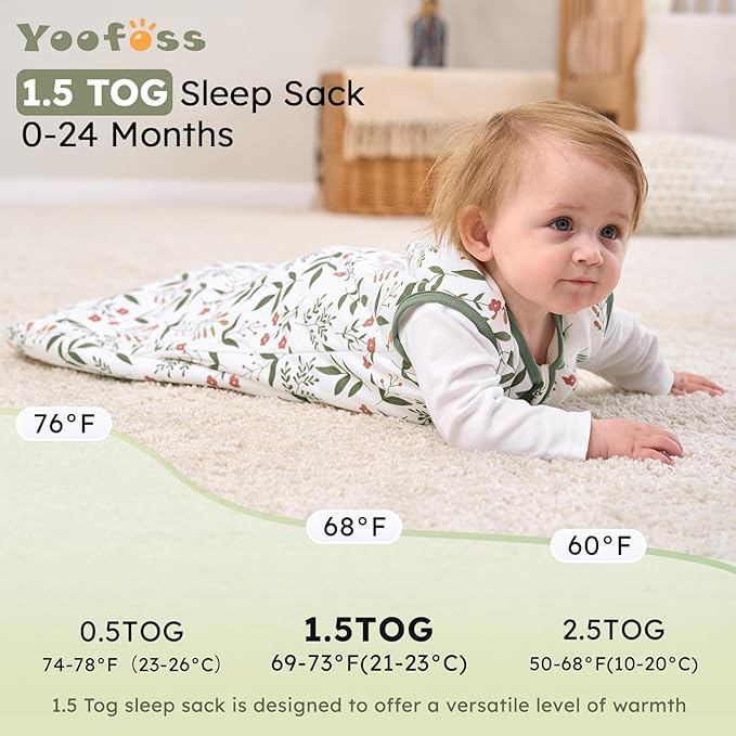 Yoofoss Baby Sleep Sack 6-12 Months, 1.5 Tog Baby Wearable Blanket with 2-Way Zipper, 100% Cotton Organic Fabric Winter Infant Sleeping Sack, Warm Soft Comfy