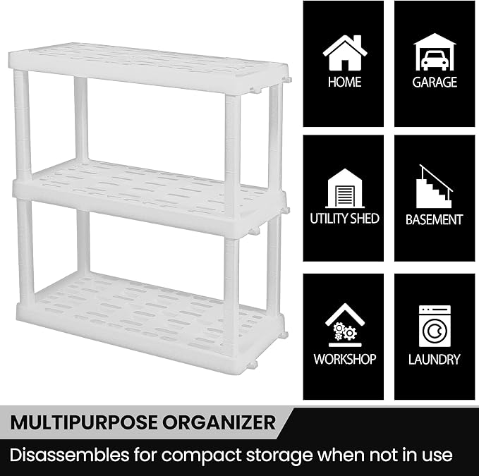 Oskar Storage Shelves - Bathroom Wall Organizer, Kids Room Toys Book Shelf, No Drill Heavy Duty, Kitchen Closet Garage Outdoor 3 Tier Stackable Plastic Shelving Unit