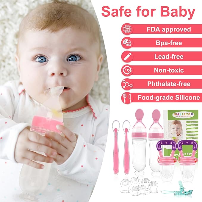 WAJIAYON Baby Fruit Feeder Pacifier - 6 Pack | 2 Infant Food Feeder Pacifier & 2 Baby Food Dispensing Spoon | Fresh Fruit Teethers for Babies | Silicone Feeder Babies,Infant Teething Feeders (Pink)