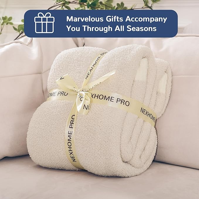 NNEXHOME PRO Soft Blanket for Women, Cozy Blanket Warm Reversible Knit Lightweight Throws for Sofa Bed, Picnic, Heather Ivory, Twin Size 60 x 80 inches