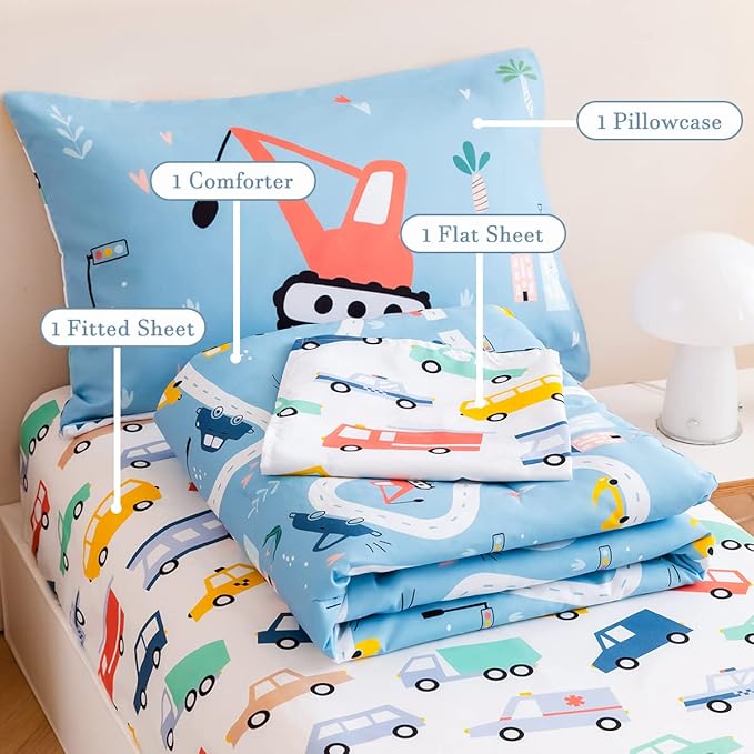 PERFEMET 4-Piece Toddler Bedding Set Boys Cars Toddler Comforter with Sheets Reversible Lightweight Blue Vehicles Toddler Bed Set for Crib(Blue, Cars)