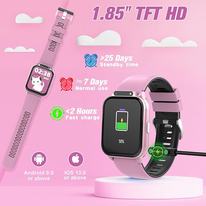 Smart Watch for Kids 1.85" with Fitness Tracker, Sleep Monitor, 22/100+ Sport Modes, DIY Dial, IP68 Waterproof, Step Counter, Heart Rate, Camera, with/Without APP, Gift for 3-12 Years Old Girls