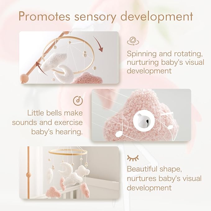 EERKEOD Baby Crib Mobile Bunny Nursery Mobile for Boys Girls Teddy Velvet Mobile Nursery Decor for Infant Bedroom Hanging Baby Mobile for Bassinet Newborn Baby Gift(Pink Clouds)