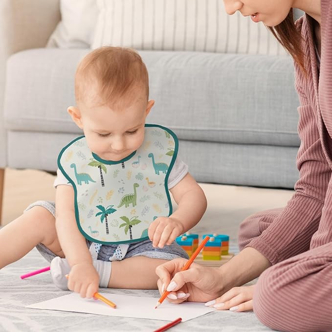 Mess Proof Baby Bib 3 Pack, Waterproof Led Weaning Baby Feeding Bibs with Food Catcher, Travel Feeding Bibs