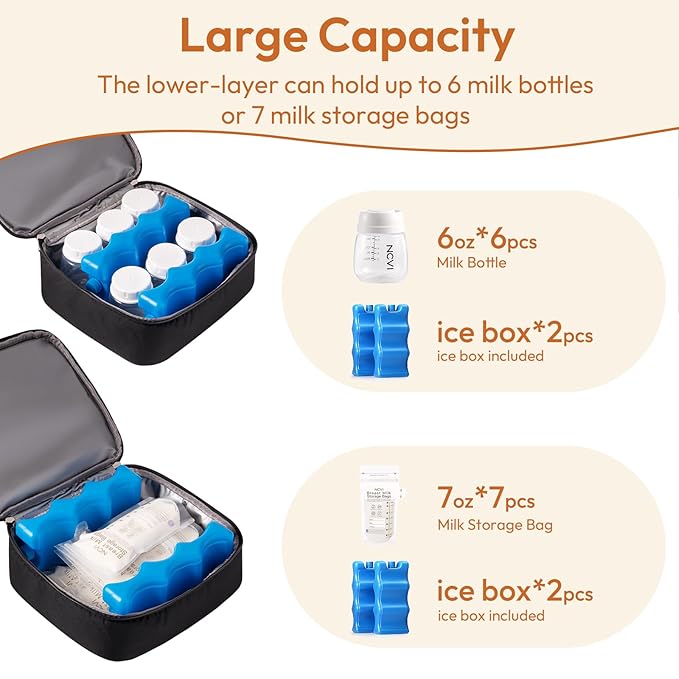 NCVI Breast Pump Bag, Double Layer Removable Pump Bag for Spectra S1, S2, Medela, Breast Pump Backpack with Ice Pack, Insulated Breast Milk Cooler Bag for Working Nursing Moms, Black