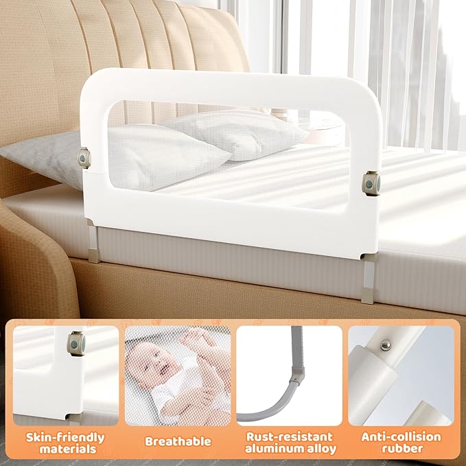 Bed Guard Rail for Toddlers - 32inch Folding up & Adjustable Heights Baby Bed Safety Rails - Portable Toddler Bed Barrier Railing Guard for Kids Twin, Bunk, Queen, Full Size Bed