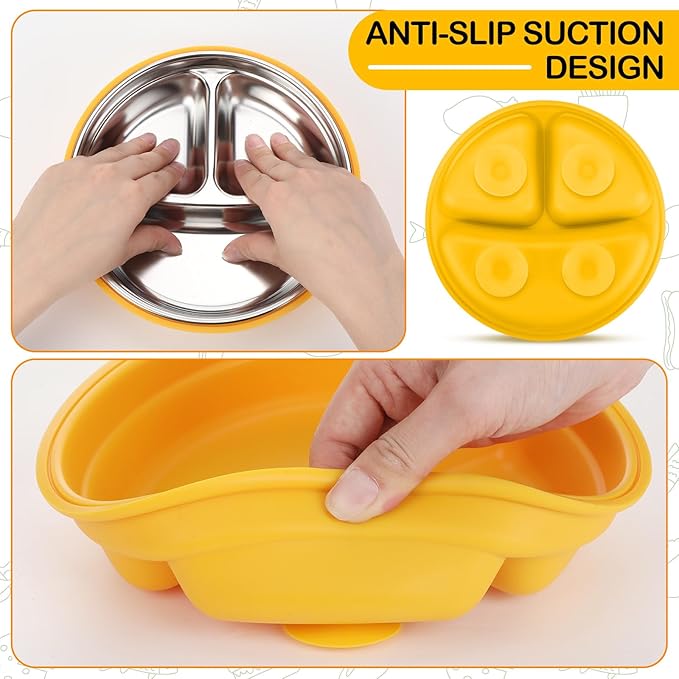 Nuogo 3 Pcs Stainless Steel Baby Suction Plates with Removable Silicone Shell 2-in-1 Metal Toddler Bowl Divided for Picky Eaters Kid Feeding Led Weaning Supply, Dishwasher Safe (Yellow,Blue,Green)