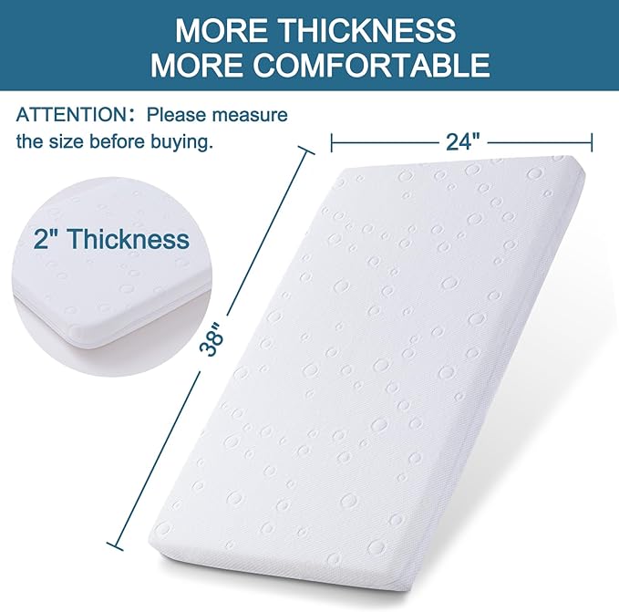 Mini Crib Mattress, 38" x 24" x 2" Dual Sided Gel Memory Foam Mattress with Waterproof, Breathable and Removable Zippered Cover