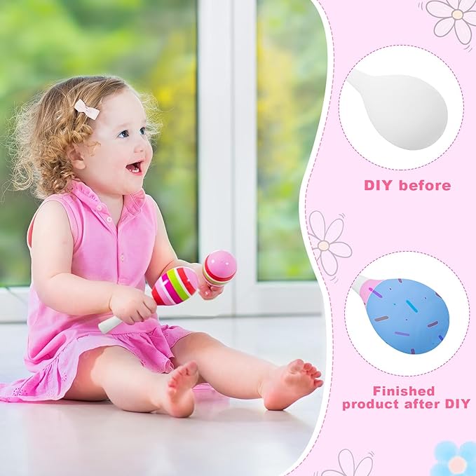 Leitee 6 Pcs DIY Wood Maracas Unfinished Hand Painted Maracas Party Favor Wooden Rumba Shakers Hand Percussion Rattles Musical Instruments with Clear Sound for Kid Adult (White)