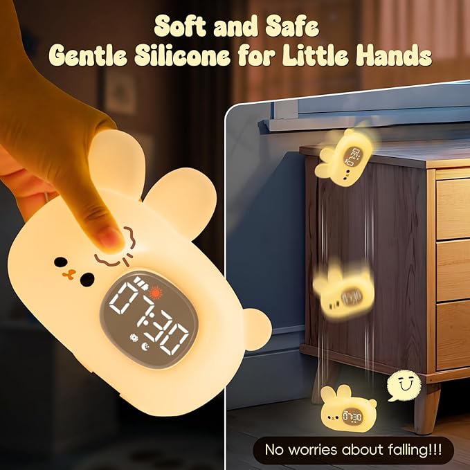 Bunny Alarm Clock with Night Light for Kids with Sleep Training and Sound Machine, Rechargeable Silicone Lamp OK to Wake Clock,Cute Animal Tabletop Lamp, Perfect Sleep Companion for Boys Girls
