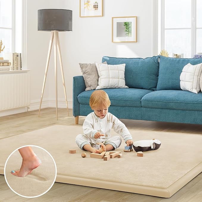 Baby Play Mat for Floor Tummy Time Mat Nursery Rug Muscle Area Playroom Rug Tatami 79"x118" Memory Foam 1.3" Thick Crawling For Babies,Toddlers, Infants, Kids,Floor(Beige)
