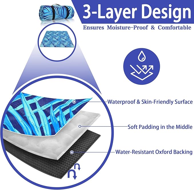 PY SUPER MODE Picnic Blankets Extra Large, Waterproof Foldable Outdoor Beach Blanket Oversized 83x79” Sandproof, 3-Layer Picnic Mat for Camping, Hiking, Travel, Park, Concerts(Blue Leaves)