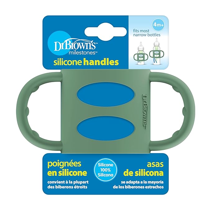Dr. Brown's Narrow Baby Bottle Handles, 100% Silicone, Easy Grip Removable Handles for Bottle to Sippy Cup Transition, Green, 4m+