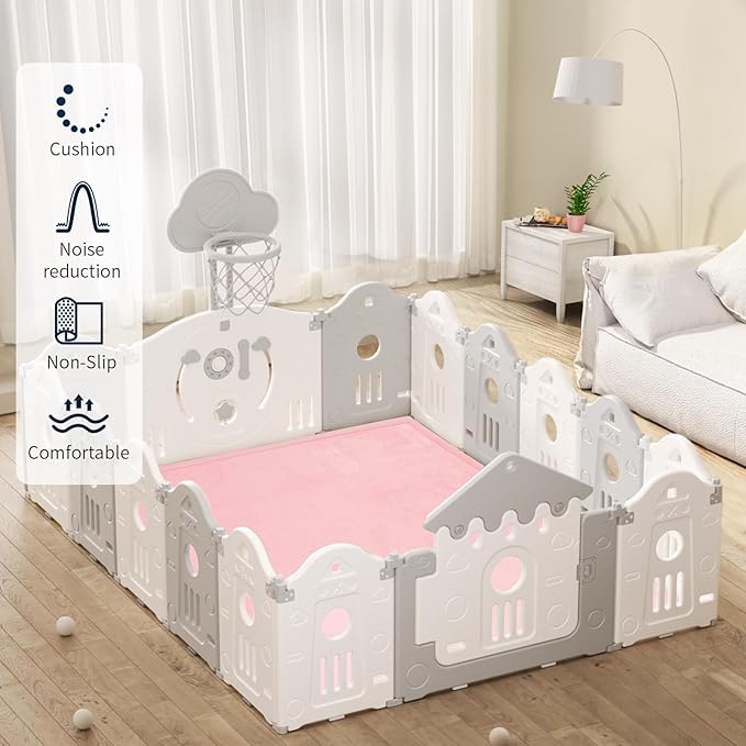 ACOMOPACK Baby Play Mat for Floor 1.3" Thick Memory Foam Play Mat 59"×71" Tummy Time Crawling with Non-Slip Bottom for Living Room,Nursery,Soft Velvet Playpen Mats for Kids,Infants(Pink)