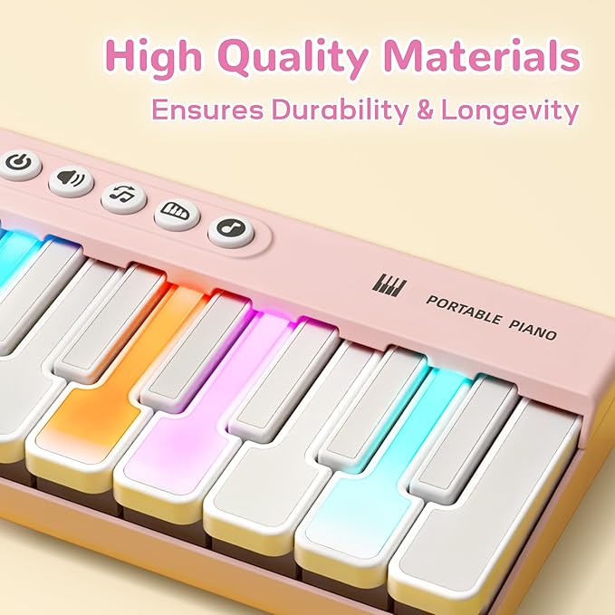 iPlay, iLearn Kids Mini Piano Toy W/Rainbow Lights, Portable Travel Piano Keyboard Toddlers Musical Instrument Learning Toys, Music Interactive Birthday Gift for 2 3 4 5 6 Year Old Girls Children