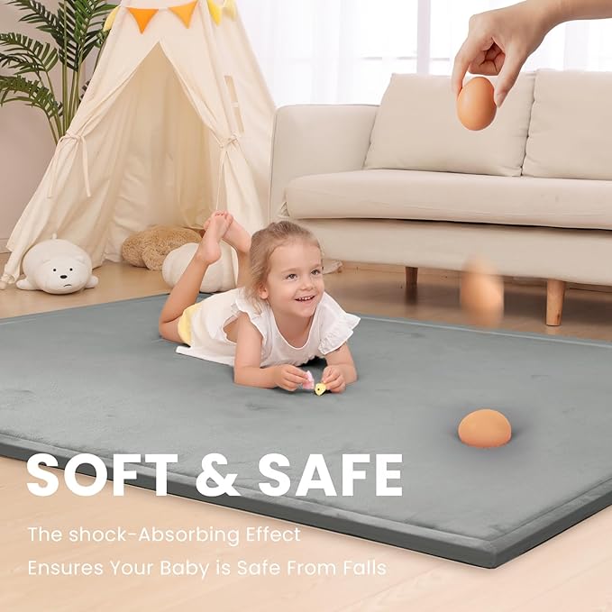Baby Play Mat for Floor,1.3" Thick Memory foam Tummy Time Mat,Water Repellent Soft Velvet Nursery Rug,Extra Large Non Slip for Crawling,Toddlers,Infants,kids,Tatami Style for Living Room(Dark Grey)