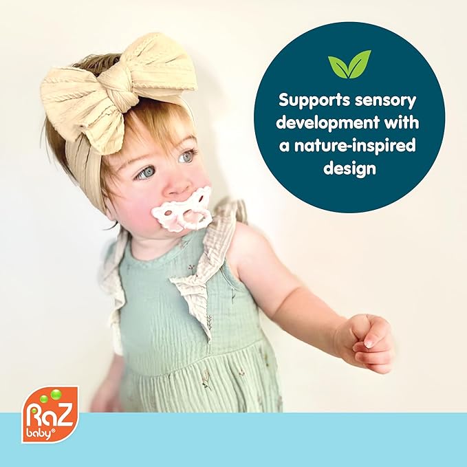 RaZbaby RaZberry Silicone Teether Pacifier – Teething Relief for Infants, Food-Grade, BPA-Free, Hands-Free, Natural Berrybumps Fruit Texture for Sensory Development, Freezable, 2-Pack - Tan & Grey