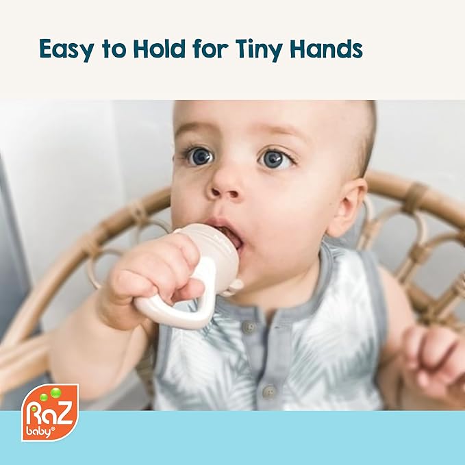 RaZbaby Baby Solids/Frozen Fruit Feeder Pacifier, Infant Teether Toy 6M+, BPA-Free Silicone Pouch & Nipple, Safely Introduce Solids, Natural Teething Relief, Dishwasher Safe, Freezable – Orange/Blue