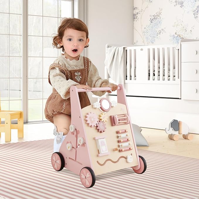 Beright Wooden Baby Walker Push and Pull Learning Activity Walker Kids’ Activity Toy Multiple Activities Center Develops Motor Skills & Stimulates Creativity(Pink)