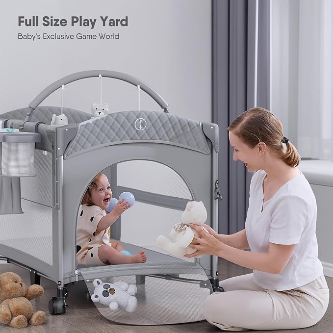 4 in 1 Baby Bassinet, Pack and Play, Bedside Crib Sleeper, Diaper Changer - Comes with Mattress, Mosquito Net,Bottom Storage and Toy Bar for Newborn to Toddles