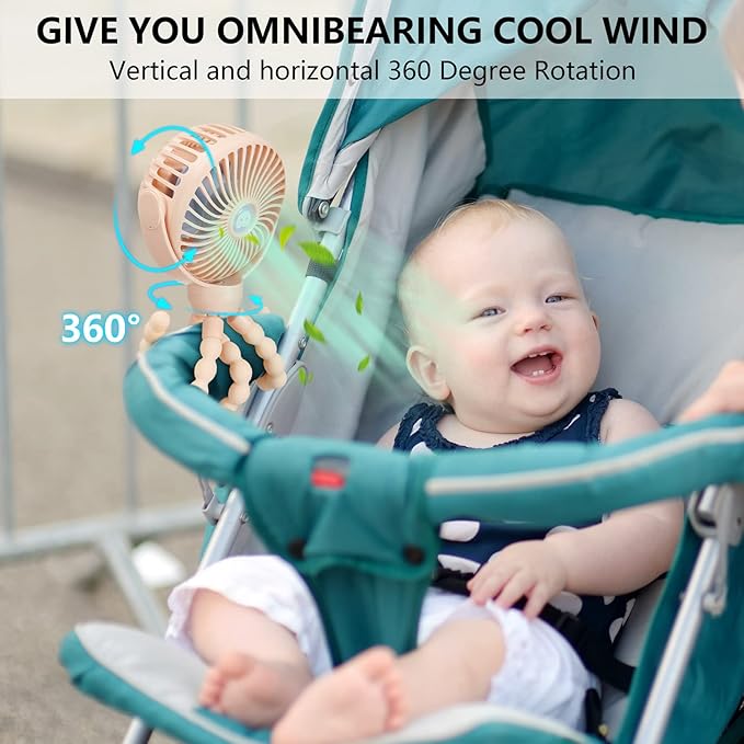 snawowo Mini Portable Baby Stroller Fan, Battery Operated Clip on Fan, Rechargeable 360° Rotate Flexible Tripod Handheld Cooling for Car Seat Crib Treadmill Travel(Pink)
