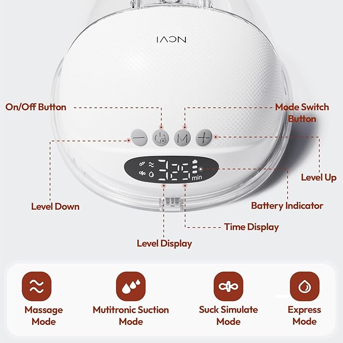 NCVI Wearable Breast Pump Hands Free, Portable Electric Breastfeeding Pump with 1500mAh Battery, Quiet Operation, Smart LED Display, 4 Modes & 9 Levels, 19/21/24mm Flanges, 2 Pack, White