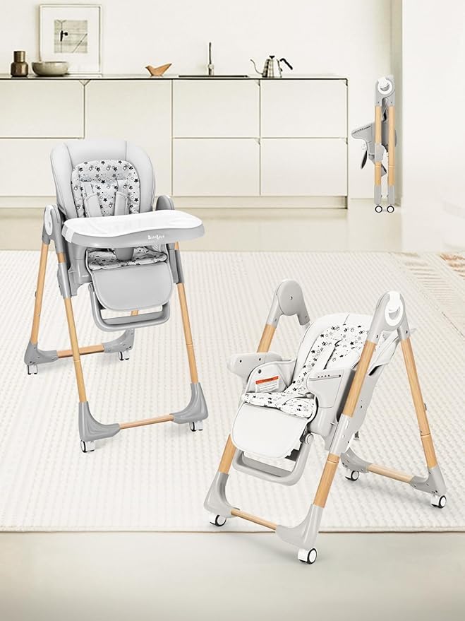 Foldable High Chair with Soft Cushion, High Chairs for Babies and Toddlers, Height Adjustable Feeding Chair, Adjustable Backrest and Footrest, Lockable Wheels, Woodgrain Star Gray