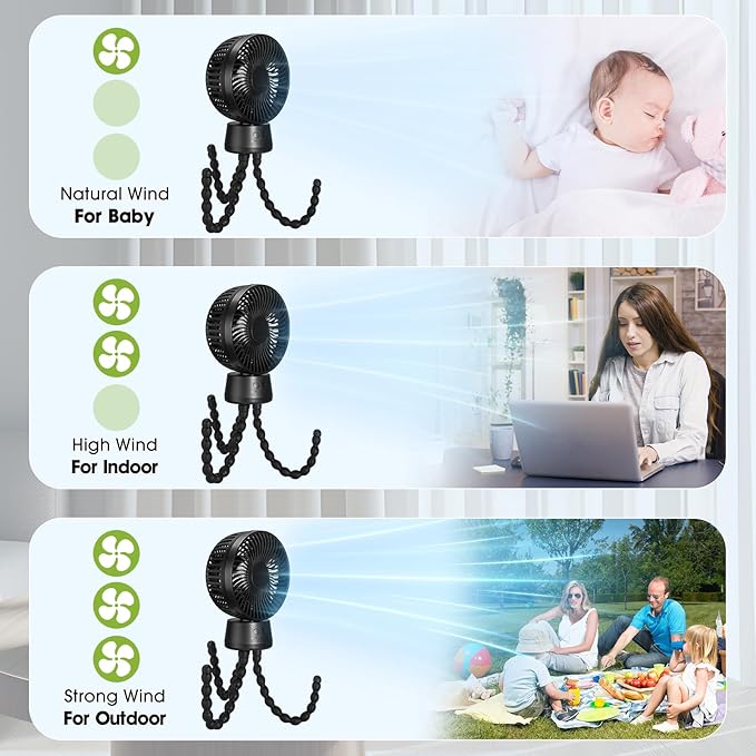50H Portable Stroller Fan, 15000mAh Ultra-Long Battery Powered Rechargeable Personal Fans, Tripod Clip Fan with Auto Rotation,3 Speed Desk Handheld Cooling for Travel Car Seat Bedroom