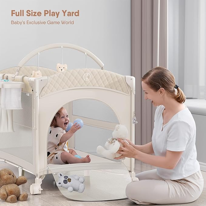 4 in 1 Baby Bassinet, Pack and Play, Bedside Crib Sleeper, Diaper Changer - Comes with Mattress, Mosquito Net,Bottom Storage and Toy Bar for Newborn to Toddles