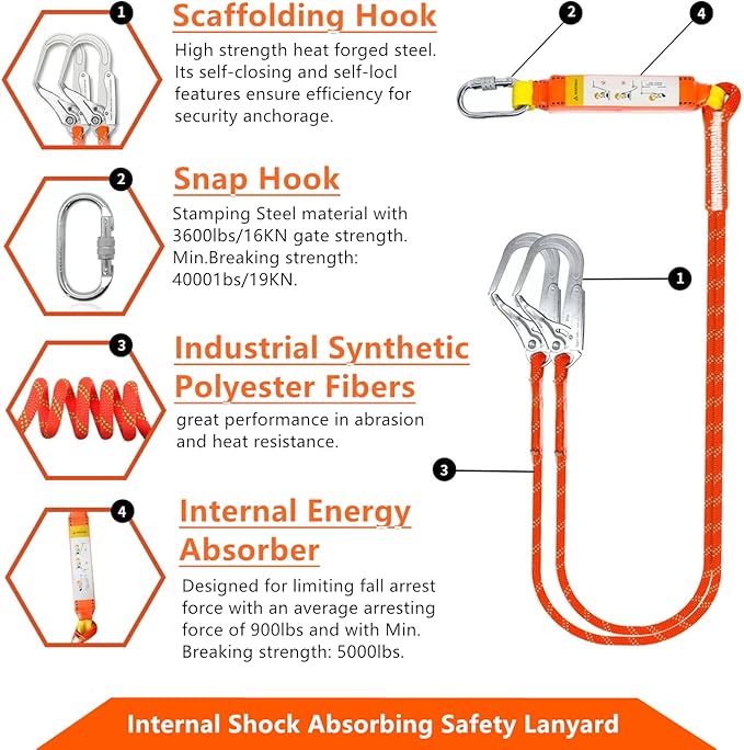 Full Body Safety Harness Tool Fall Protection,OSHA/ANSI Compliant,ASTM F1774certified | INTERNAL Shock Absorbing Lanyard(Orange)