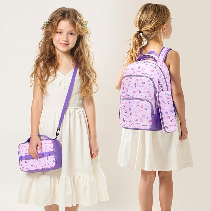 mygreen 3PCS Kids Backpack Set - Waterproof Bookbag with Lunch Box for Girls Ages 3-12, Adorable Cartoon Prints for School & Outdoor Use Purple Unicorn