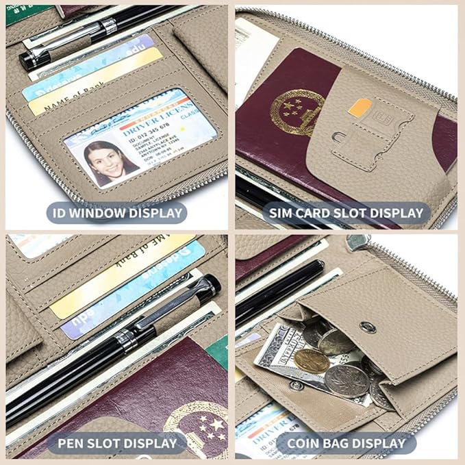 Leather Travel Wallet, Passport Wallet for Travel, Passport Holder for Family with RFID Blocking, with Zippered Pocket and Cash Slot, for Secure Traveling and Documentation Organizer (Eephant Grey)