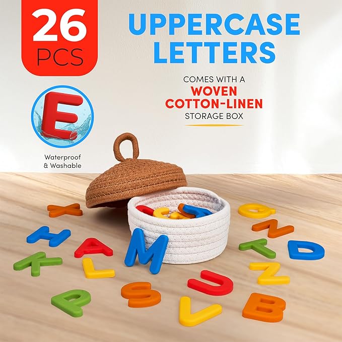JoyCat Silicone Alphabet Magnetic Letters, 26 Uppercase ABC Fridge Magnets for Toddlers 1-3 & Kids, Baby Learning Refrigerator Toy Set, Preschool Birthday Gifts for Boys & Girls (Vibrant Color)