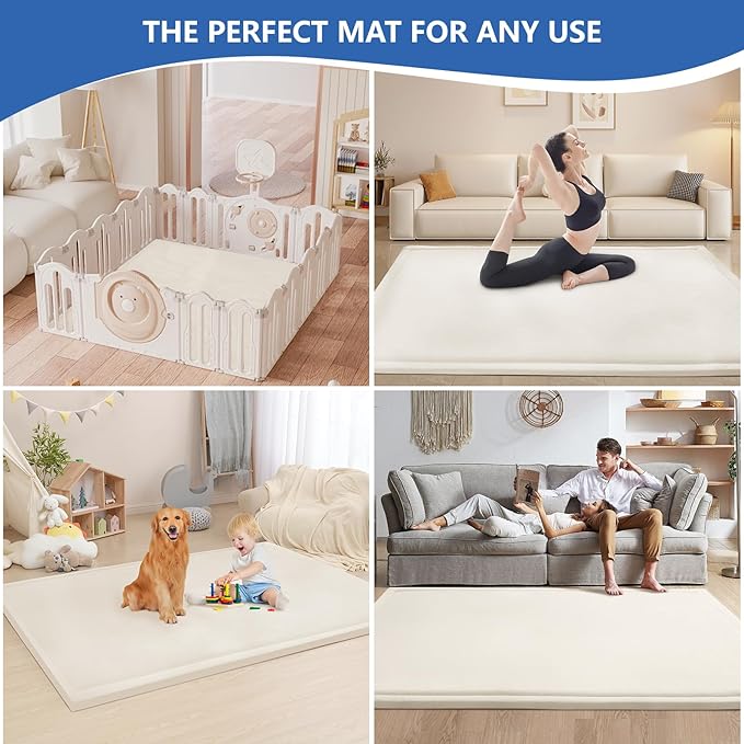 Baby Play Mat for Floor,1.3" Thick Elasti-Foam 50x50 Playpen Mat for Toddlers Infant Kids,Water-Repellent Soft Coral Velvet for Tummy Time,Non-Slip Backing for Crawling,Tatami Style(Cream)