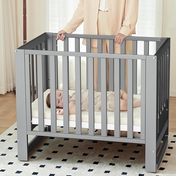 EvoNest Baby Crib, 6 in 1 Convertible Mini Crib with Wheels, 100% New Zealand Pinewood Growing Bed, 4 Adjustable Mattress Height,Washed Natural (Grey)
