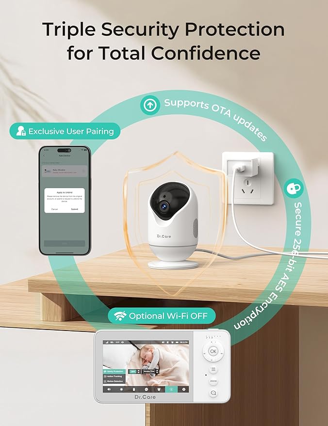 VistaView Lite RB Smart WiFi Baby Monitor with 2 Cameras - 4” 720P Split Screen & 1080P Camera App Control, Motion Alerts, 2500mAh Removable Battery, Night Vision, Multi-User, Triple Security