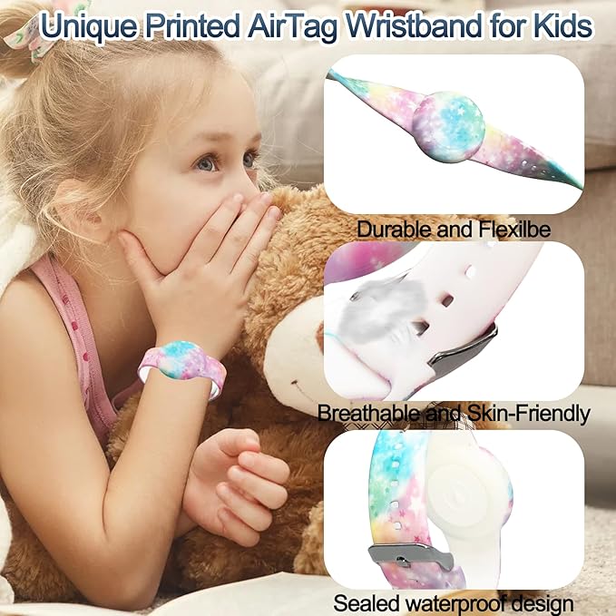 2 Pack Waterproof AirTag Bracelet for Kids, Hidden Printed Wristband for Apple Air Tag, Silicone AirTag Holder GPS Tracker Case for Band for Child Toddler, Secure Anti-Lost Protection(Pink,Purple)