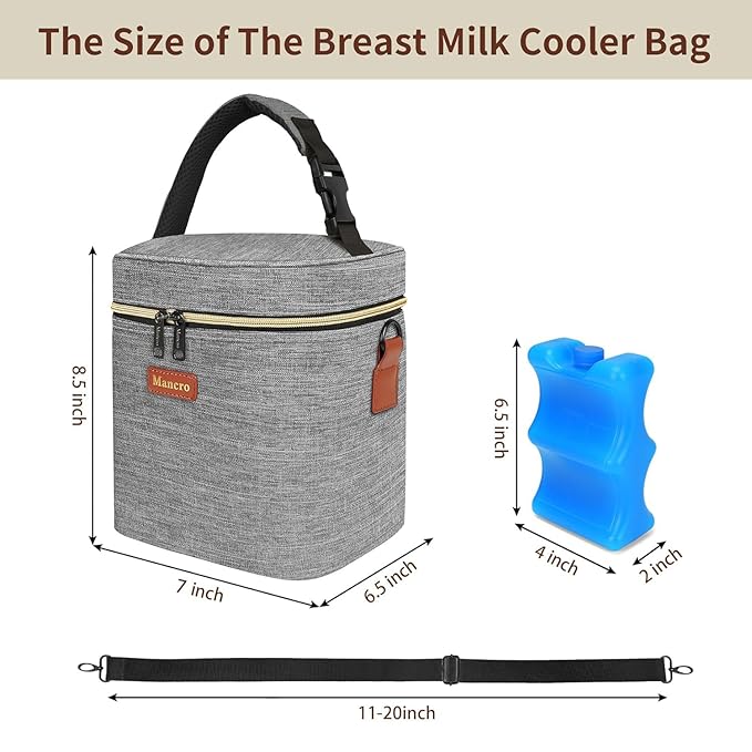 Mancro Insulated Breastmilk Cooler Bag Fits 4 Baby Bottles Up to 9 Ounce,Compact Baby Bottle Travel Bag with Ice Pack for Nursing Mom, Grey